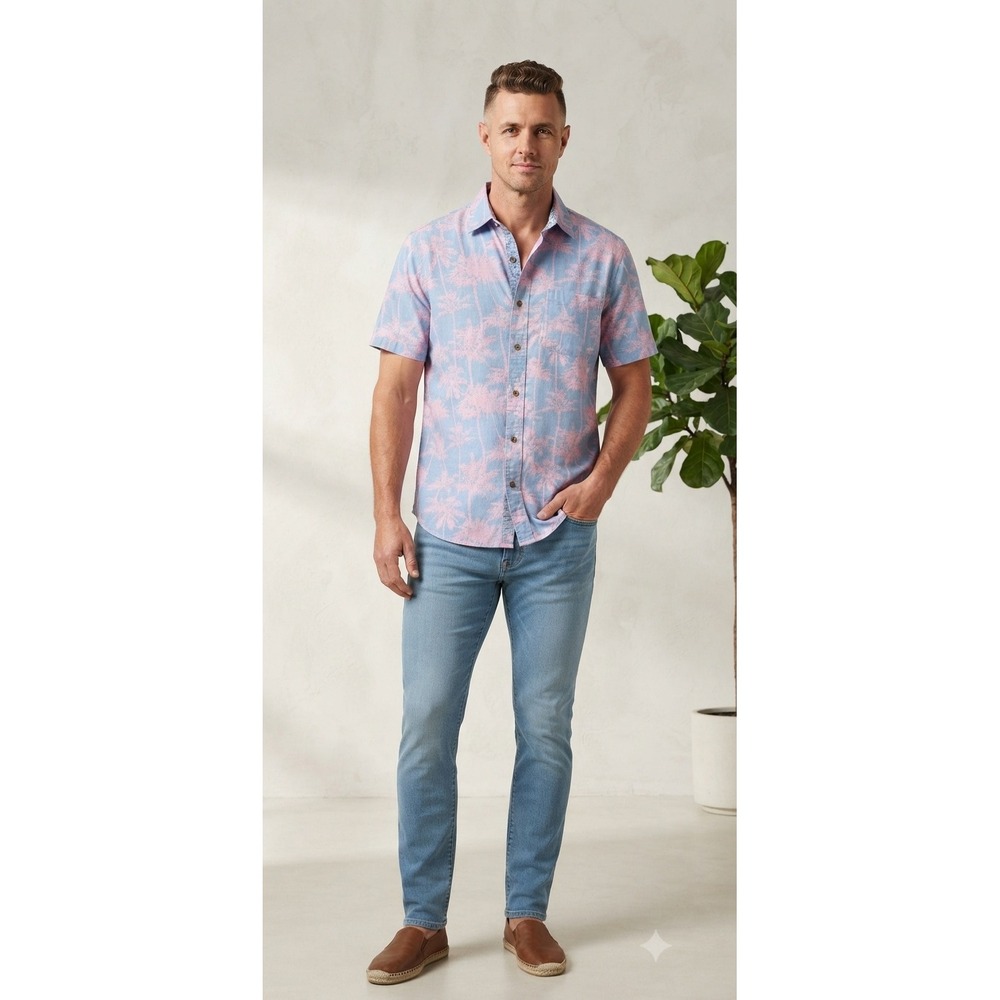 Margaritaville Island Reserve Mens L Blue Button-Up Linen Blend Fabric
